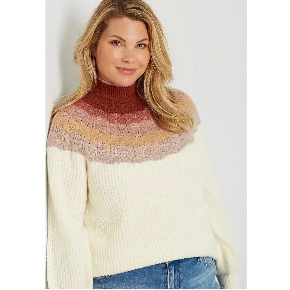 Maurices Ombre Mock Neck Pullover Sweater 1X Multicolor Long Blouson Sleeves